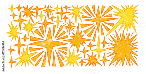 Crayon sparkle stars set. Space shine shapes and blings doodle pack. Comets and blinking on night sky. Vector hand drawn by yellow pencil or pastel illustration isolated on white background.