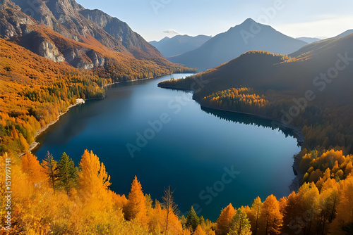 Still water reflecting seasonal colours in a remote alpine setting - Drone view of a mountain lake surrounded by autumn trees with golden leaves