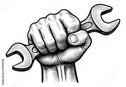 Engraved Illustration of Hand Holding Wrench Tool Isolated on White Background Close up