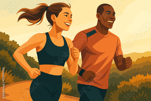 The illustration depicts a cheerful man and woman jogging together on a scenic outdoor trail during what appears to be early morning or late afternoon, suggested by the warm, golden sunlight.