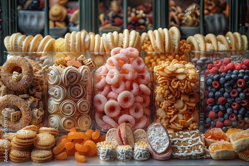 Table full of different types of food, including cookies, cakes, and fruit. Buffet with various dishes