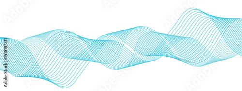 Abstract wave design with series of flowing, overlapping sinusoidal curves gradient from deep blue to cyan. Sense of motion and fluidity. Weave overlap harmoniously modern, elegant, dynamic frequency