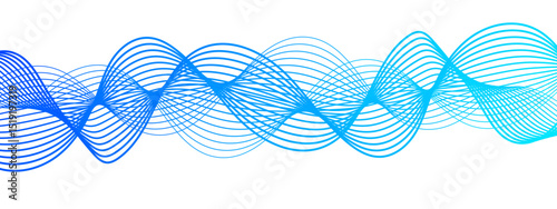 Abstract wave design with series of flowing, overlapping sinusoidal curves gradient from deep blue to cyan. Sense of motion and fluidity. Weave overlap harmoniously modern, elegant, dynamic frequency