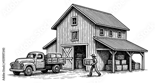 Line Art Illustration of a Barn, Farmer, Truck with Hay Bales in Farm Field