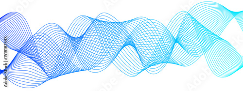 Abstract wave design with series of flowing, overlapping sinusoidal curves gradient from deep blue to cyan. Sense of motion and fluidity. Weave overlap harmoniously modern, elegant, dynamic frequency