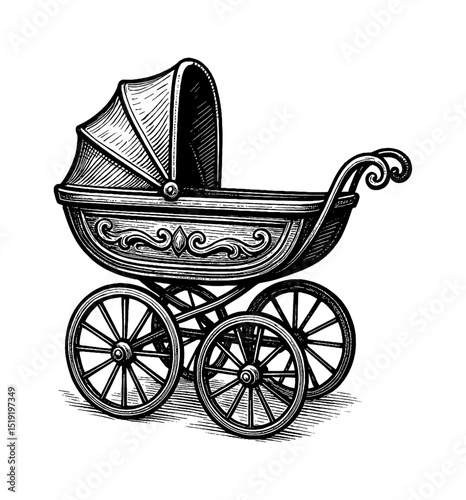 Vintage Style Engraving of a Baby Carriage, Detailed Black and White Illustration of Pram