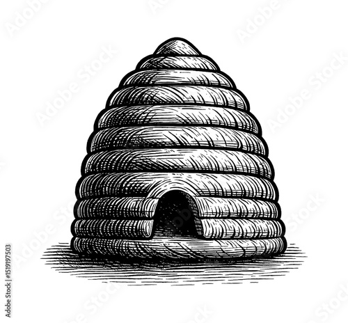 Engraved illustration of a beehive with a classic shape in black and white.