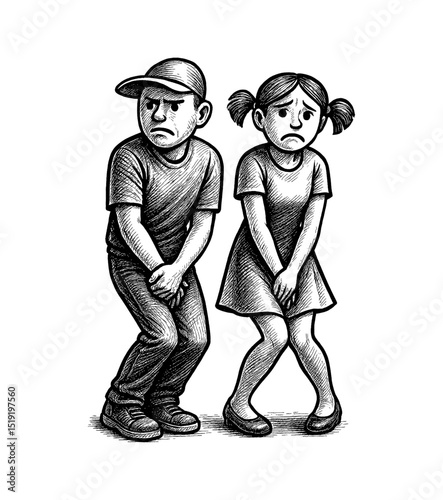 Boy and Girl Standing with Discomfort and Full Bladder in Black and White Detailed Illustration
