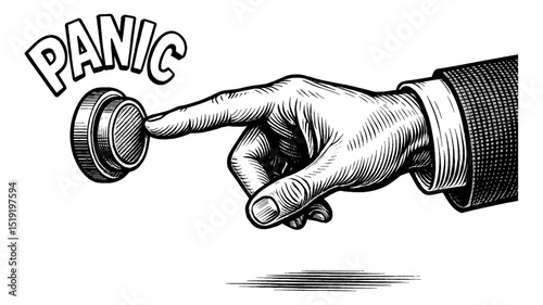 Hand Pressing Panic Button in Engraved Style Illustration, Black and White, Attention, Urgent