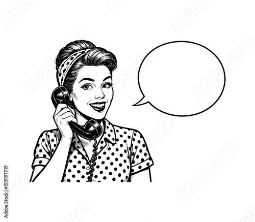 Smiling retro pinup woman talking on phone with speech bubble monochrome vector illustration