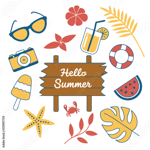 Hello summer beach vacation fun icons