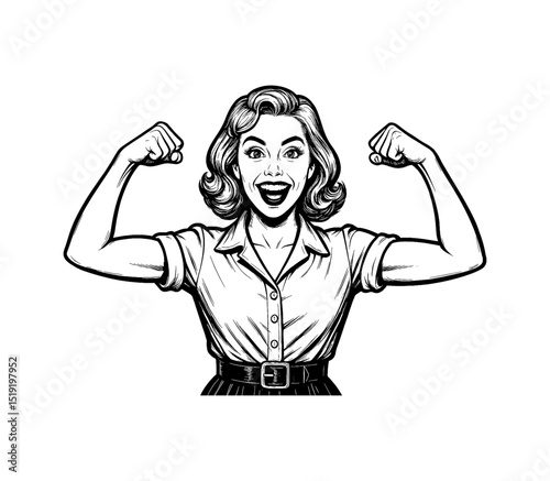 Enthusiastic Pinup Woman Flexing Biceps, Expressing Empowerment and Joy in Black and White Line Art