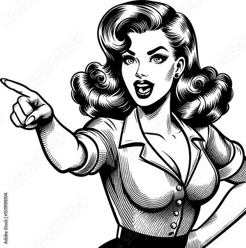 Vintage Pinup Woman Pointing with Open Mouth in Engrave Style Black and White Illustration