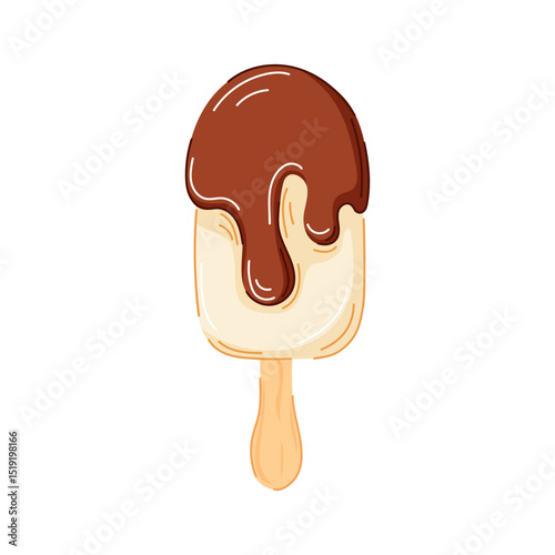 Smooth vanilla popsicle ice cream with dark chocolate melt in cartoon isolated on white background. Perfect for summer package design, cafe logo or recipe book.