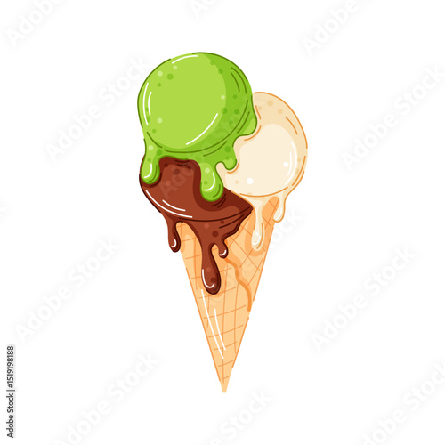 Cartoon illustration of triple melting scoop ice cream cone with green chocolate and vanilla flavor. Perfect for dessert menu, summer packaging, sweet treat and food design project.