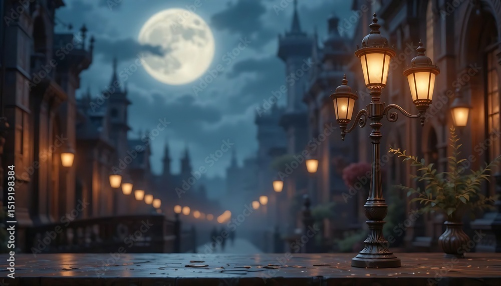 Naklejka premium Victorian street lamp diy diamond painting kit, aged bronze and deep burgundy, gothic romance, moonlit atmospheric lighting, historical grandeur, dramatic storytelling, evocative