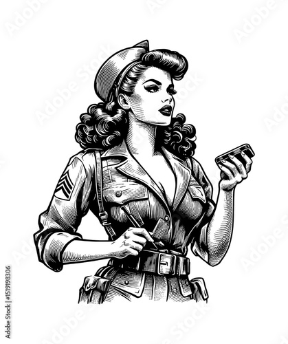 Pinup woman in military uniform holding compact mirror detailed engrave vector illustration