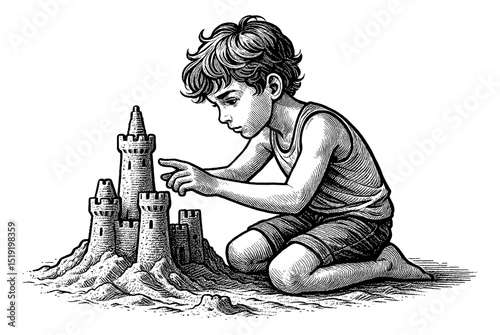 Boy Building Sandcastle on Beach with Detailed Engrave Style Illustration