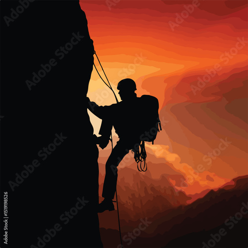 Silhouette of a mountain climber ascending a cliff with sunset sky in the background
