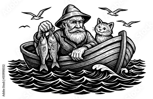 Old Fisherman with Beard Holding Fish on Boat with Cat Seagulls and Wave in Engrave Style