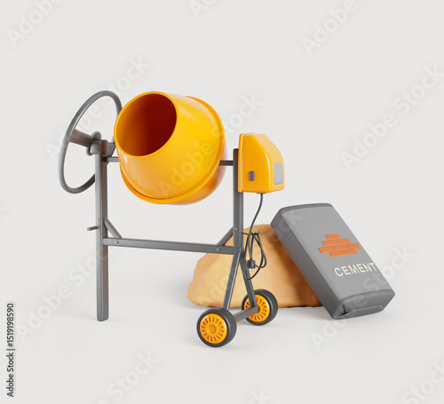 Fototapeta Naklejka Na Ścianę i Meble -  Concrete mixer with cement package and yellow sand pile. Realistic 3d render of construction equipment with electric engine, drum, cast iron crown drive. Isolated building materials. 3D illustration