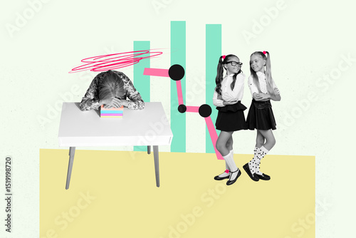 Creative 3D collage trend artwork of aged woman teacher lying tired tablet two young girl funny smile fall back school classroom courses photo