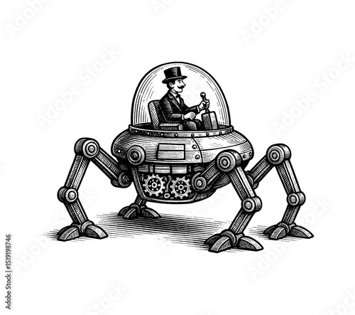 Man in Top Hat Driving a Steampunk Mechanical Walker Engraving Style Illustration
