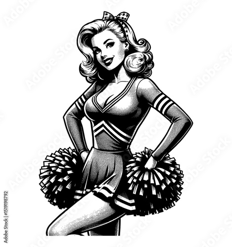 Smiling cheerleader with pom poms in vintage pinup style illustration