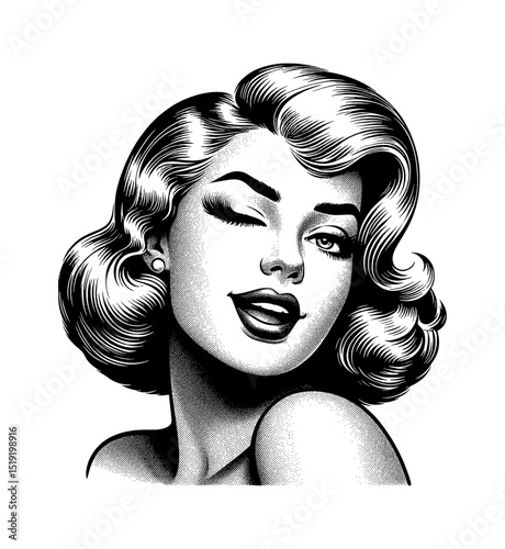 Glamorous Pinup Woman Winking Eye with Charming Smile in Black and White Portrait Illustration