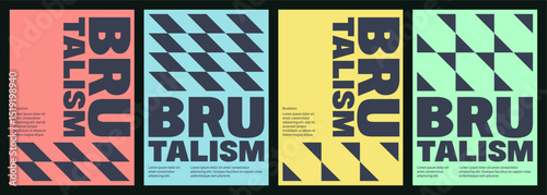 Set of modern simple posters with large simple geometric patterns on multicolored backgrounds in brutalist style; bold font; red, yellow, blue, green colors; vector illustrations, flat style