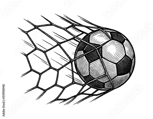 Soccer ball hits the net, detailed illustration in black and white engraving style.