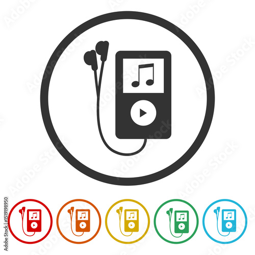 Mp3 player icon. Set icons in color circle buttons