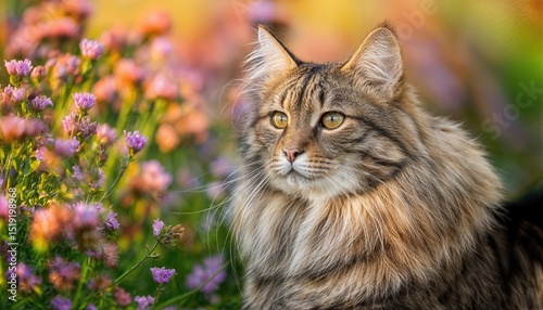 Stunning Longhaired Tabby Cat Portrait Amidst a Field of Blooming Flowers, Capturing the Essence of Serene Beauty and Tranquil Majesty.