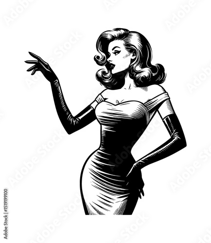 Glamorous pinup woman in dress and gloves pointing, black and white line art illustration