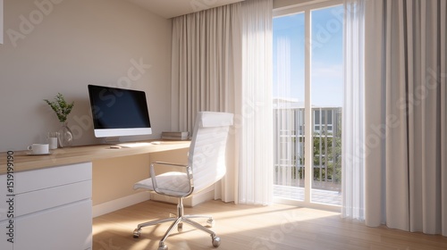 Modern home office with sleek desk  computer  and bright natural light from balcony view