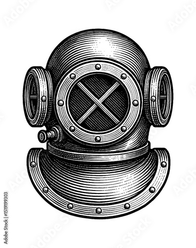 Vintage engraved scuba diving helmet, antique deep sea diving suit equipment