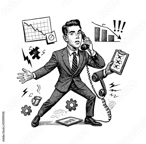 Frustrated Businessman on Phone Surrounded by Business Graphics Engrave Illustration