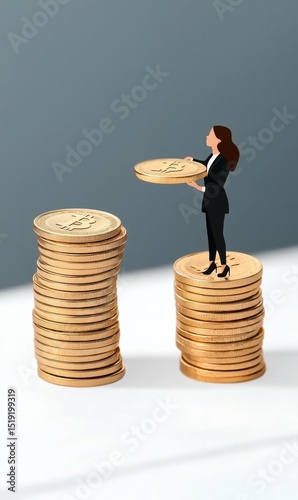Woman and man face each other on different coin stacks symbolizing social disparity
