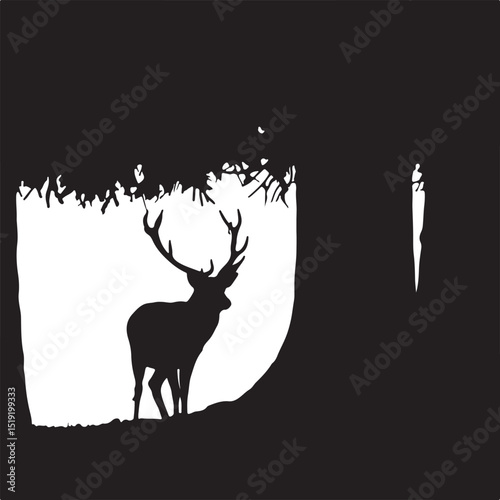 Silhouette of a majestic stag standing beneath a tree in a beautiful forest setting