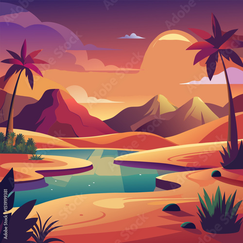 Sunset Oasis. Serene Desert Landscape with Palm Trees and Mountains