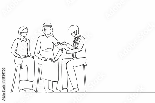 Single one line drawing doctor gives patient antiviral injection. Doctor inject coronavirus vaccine in Arab man arm muscle. Vaccination against coronavirus. Continuous line design vector illustration