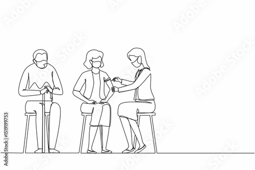 Single continuous line drawing vaccination of the elderly. Vector modern illustration of senior woman and doctor with syringe. Immunity, immunization, covid-19 vaccine. One line draw graphic design