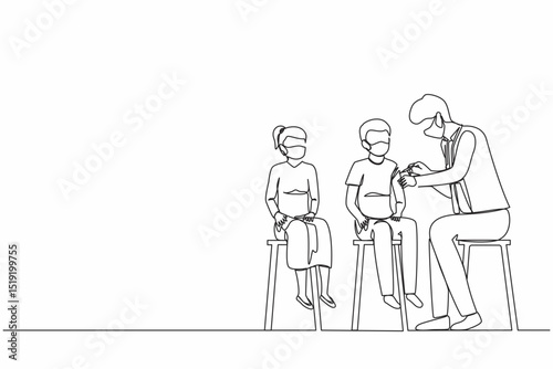 Continuous one line drawing male doctor gives vaccine shot patient in hospital. Doctor using syringe to make injection to little boy in mask. Coronavirus vaccination. Single line draw design vector