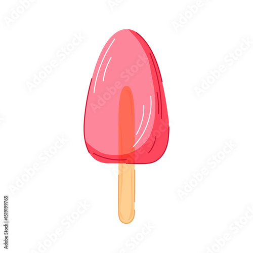 Strawberry popsicle ice cream on wooden stick in cartoon isolated on white background. Ideal for summer design, cafe menu.