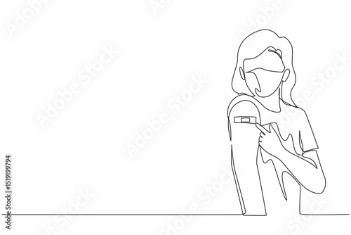 Single one line drawing woman showing her arm with band aid after coronavirus Covid-19 vaccine, wearing medical mask. Vaccination, fight against coronavirus. Continuous line draw design graphic vector