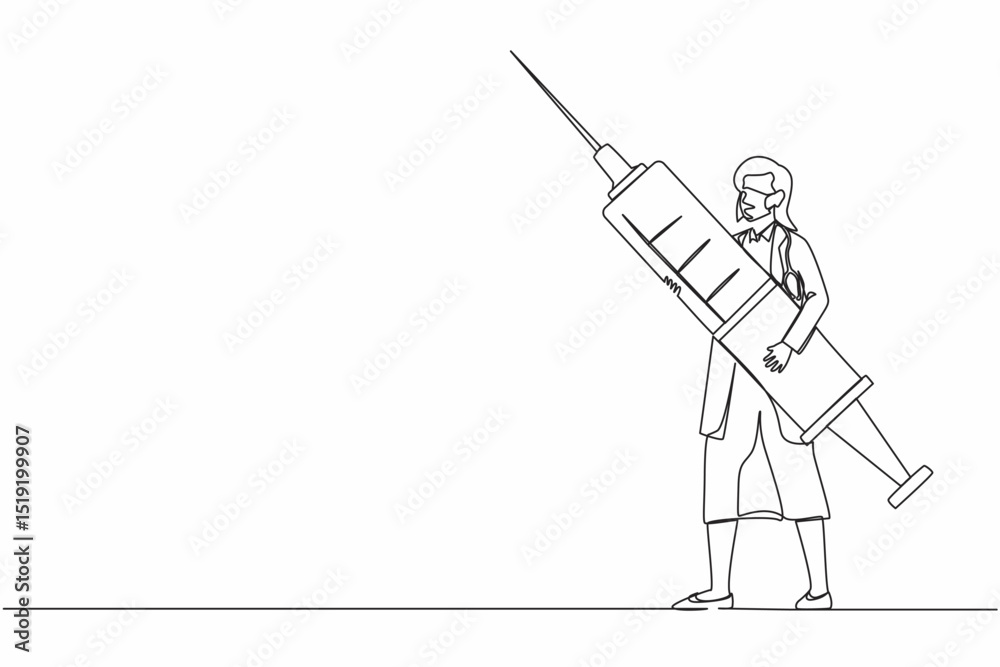 Single one line drawing woman doctor holding syringe with medication. Medical staff stand with large disposable syringe. Vaccination concept. Continuous line draw design graphic vector illustration Single one line drawing woman doctor holding syringe with medication. Medical staff stand with large disposable syringe. Vaccination concept. Continuous line draw design graphic vector illustration
