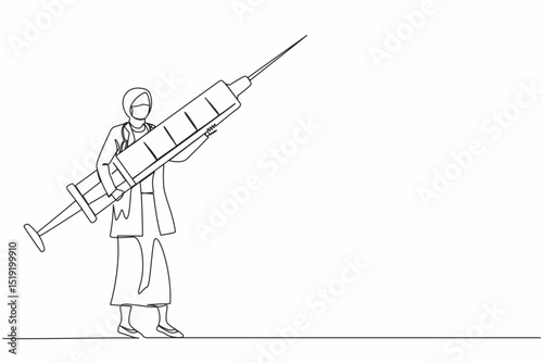 Continuous one line drawing Arabian woman doctor holding syringe with medication. Medical staff stand with large disposable syringe. Vaccination concept. Single line design vector graphic illustration