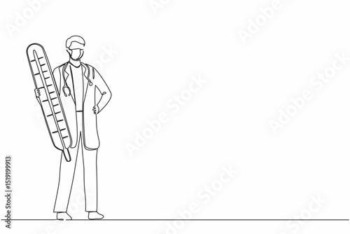 Continuous one line drawing therapist doctor with mask on his face carry thermometer in the hospital. Male nurse or doctor in medical outfit with stethoscope. Single line draw design vector graphic