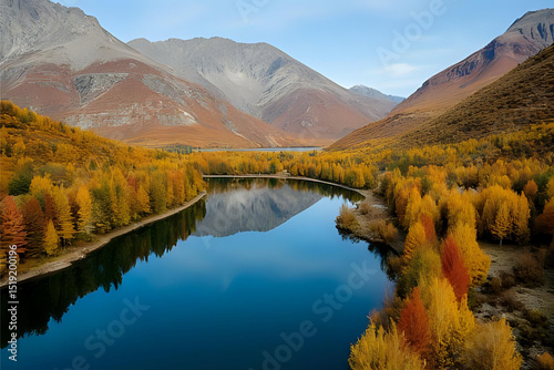 Still water reflecting seasonal colours in a remote alpine setting - Drone view of a mountain lake surrounded by autumn trees with golden leaves