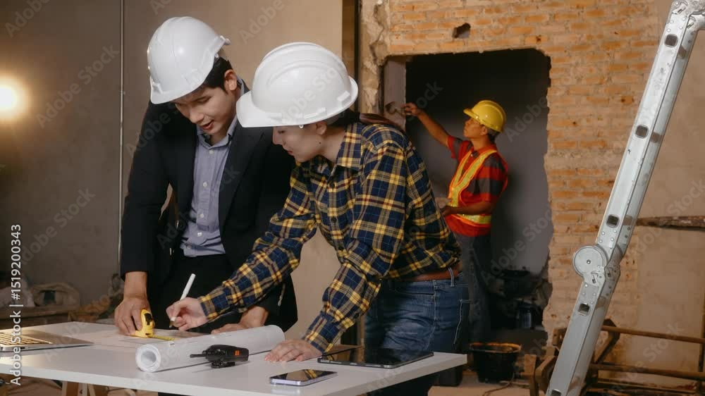 Asian male and female engineers wearing safety vests and helmets inspect structural elements, review blueprints, plan material choices bricks, steel, concrete during home renovation project on-site.